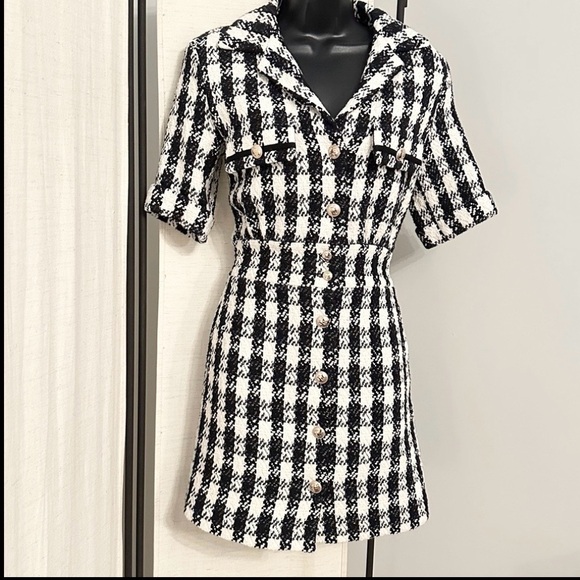 Maje Ricky Tweed Black White Houndstooth Mini Collar Shirt Mini Dress 36 - Picture 8 of 15